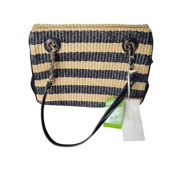 NWT Kate Spade Rattan Black Striped Bow Shoulder Three Pocket Bag W/ Dust Cover - Picture 6 of 14